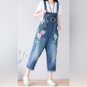 Unique, oversized, embroidered overalls baggy fit adjustable straps loose fit